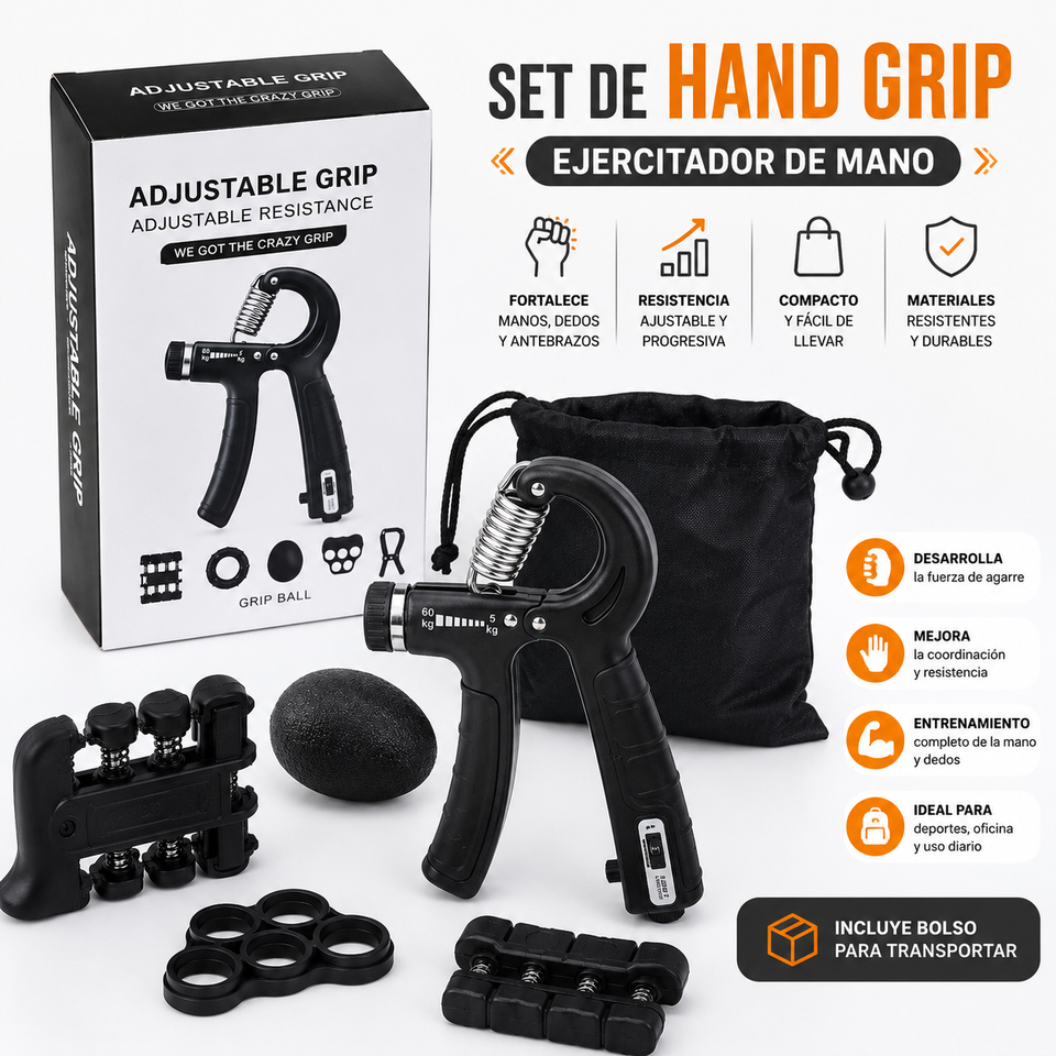 Set Hand Grip 5 en 1 con Resistencia Ajustable | Fortalece Manos y Antebrazos