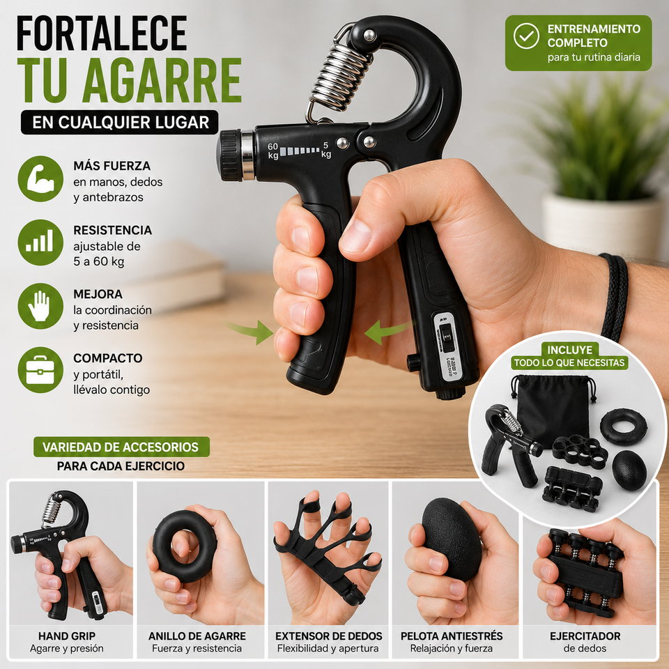Set Hand Grip 5 en 1 con Resistencia Ajustable | Fortalece Manos y Antebrazos